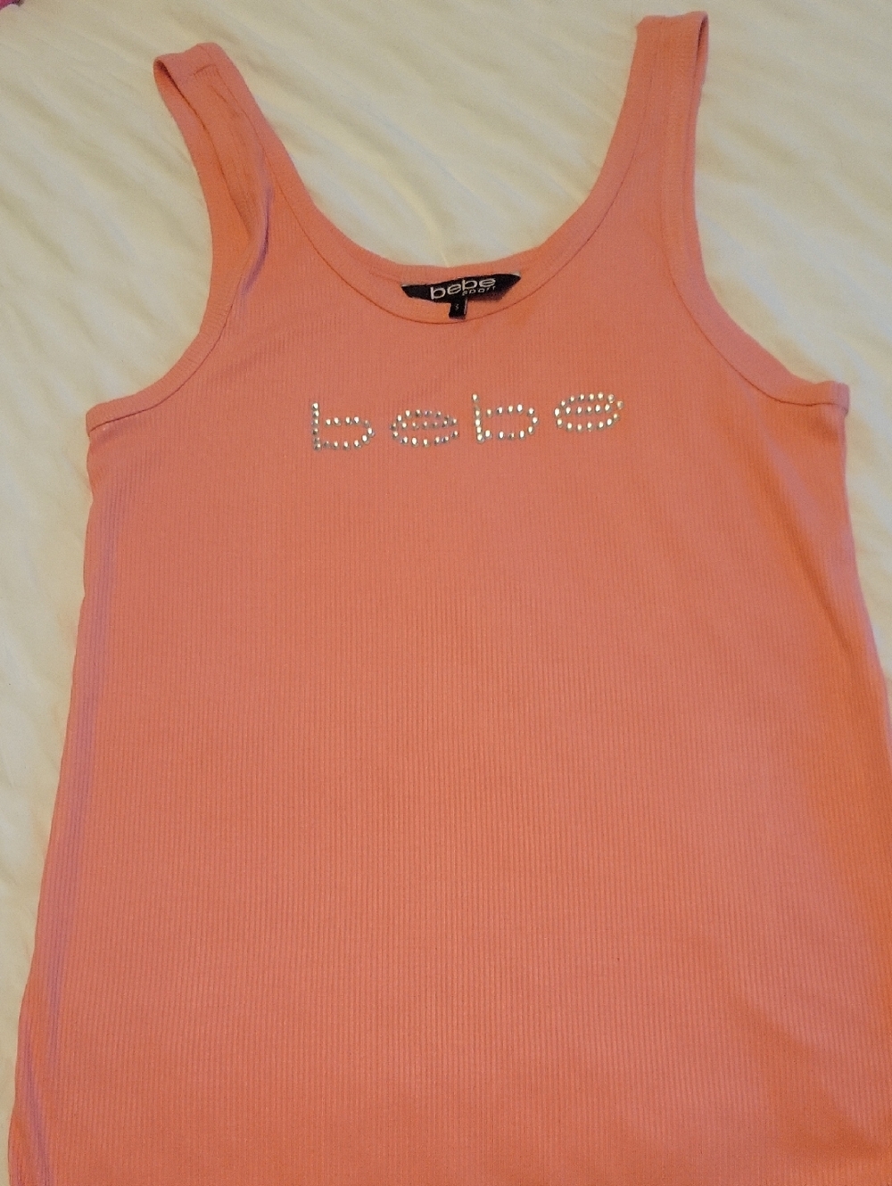 bebe Coral Ribbed Tank with Crystal Logo